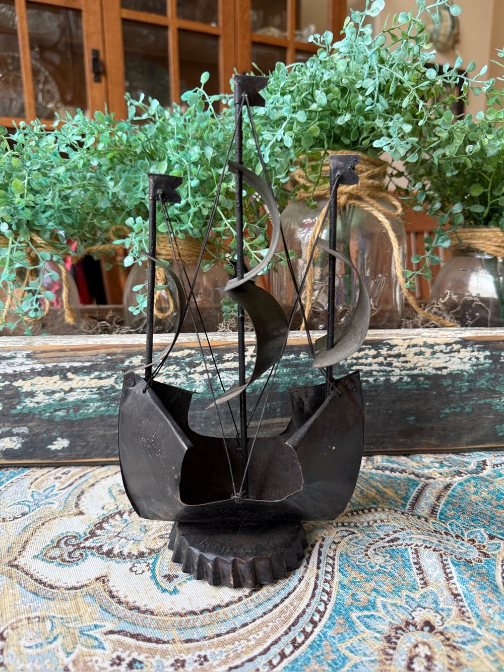 Mexican Metal Sailing Ship Sculpture Vintage Brutalist Nautical Folk Art